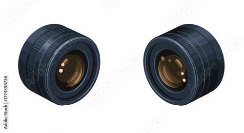 Realistic 3d camera lenses on white background design