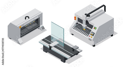 Isometric industrial machines for glass cutting and manufacturing processes