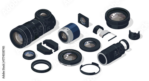 Detailed isometric camera lens components disassembled for photography enthusiasts