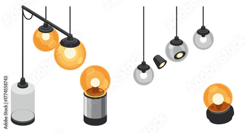 Modern pendant lighting collection in isometric style for interior design