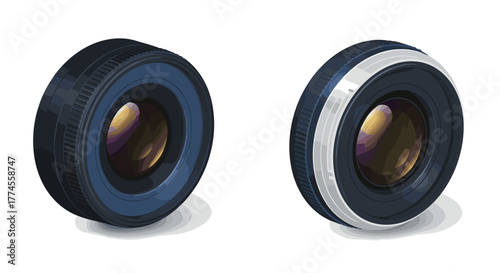 Realistic camera lenses with detailed elements on white background