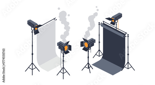 Professional studio photography setup with lights and backdrops in isometric design
