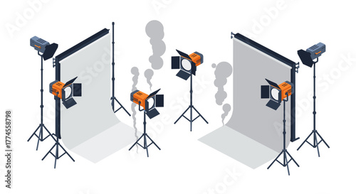 Isometric photography studio with lights and backdrop setup