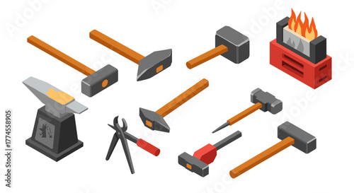 Isometric blacksmith tools with anvil, hammers, and forge
