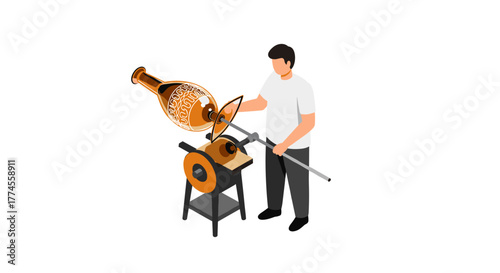 Skilled artisan crafting glass vase on lathe in isometric design