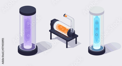 Isometric futuristic science equipment with colorful cylinders and pipes