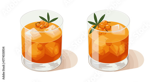 Refreshing sea buckthorn juice with ice cubes and leaves: a vibrant pair on white background
