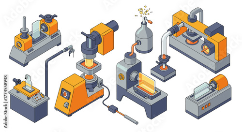Isometric industrial machines in vibrant colors for factory settings