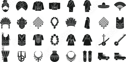 Collection of diverse cultural clothing accessories and musical instruments isolated on transparent background