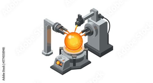 Futuristic laboratory equipment with robotic arm and glowing sphere in isometric design