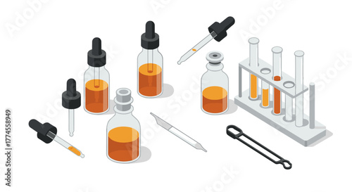 Isometric laboratory equipment with droppers and test tubes on white background