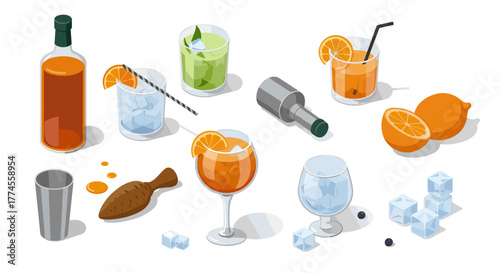 Isometric cocktail preparation with assorted drinks and ingredients