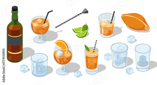 Refreshing cocktail composition with ice cubes and citrus garnishes in isometric style
