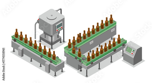 Isometric conveyor system with bottles in beverage factory automation
