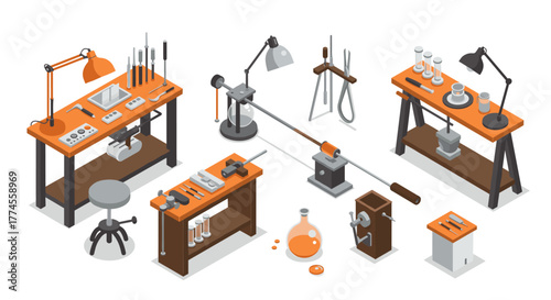 Isometric glassblowing workshop tools and equipment on white background