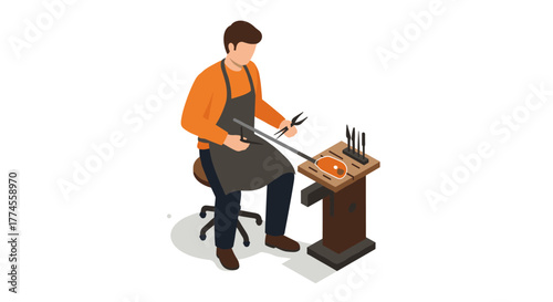 Craftsman at work: isometric illustration of a skilled jewellery maker
