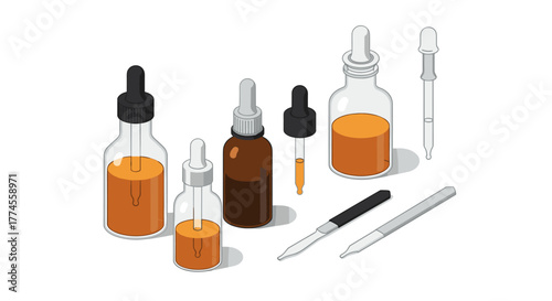 Isometric dropper bottles with pipettes and orange liquid