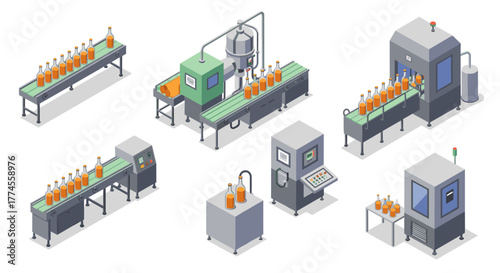 Automated beverage production line with bottling machines in modern isometric factory