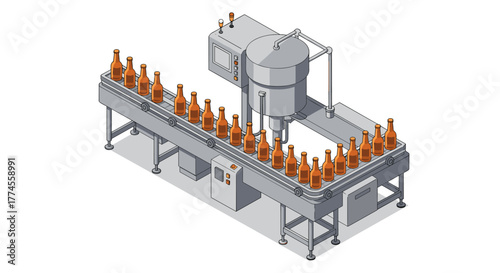 Isometric bottling machine on production line with glass containers