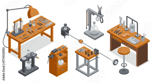 Isometric laboratory equipment set with workbenches and scientific tools