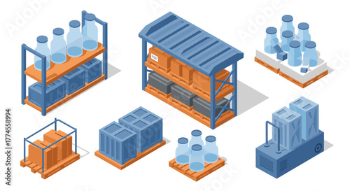 Isometric warehouse storage items with industrial shelving and containers