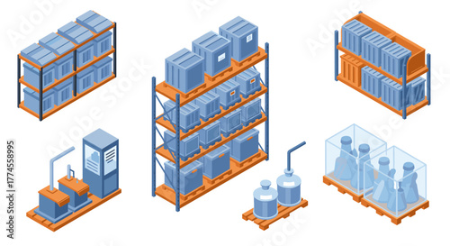 Isometric warehouse storage and logistics equipment set