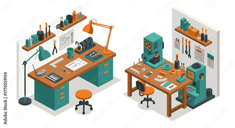 Obraz premium Isometric workshop with carpentry tools in a modern home interior design