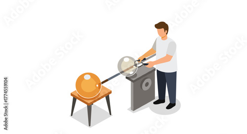 Isometric glassblower crafting glassware in workshop