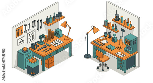 Isometric workshop and office setup with tools and devices