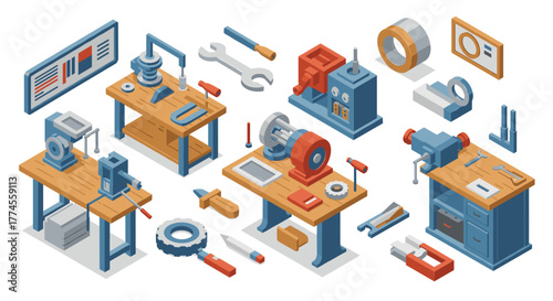 Workshop tools and equipment in isometric style for mechanical design and construction