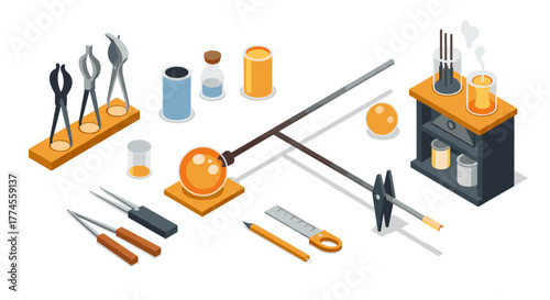 Isometric glassblowing workshop tools with furnace and molten glass elements