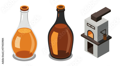 Isometric glass bottles and brewery equipment on white background