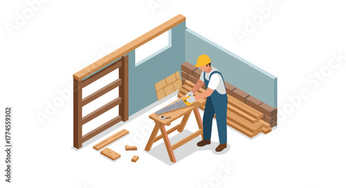 Isometric carpenter working in workshop scene with tools and wood