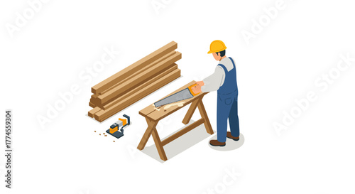 Isometric carpentry scene with carpenter sawing wood on sawhorse