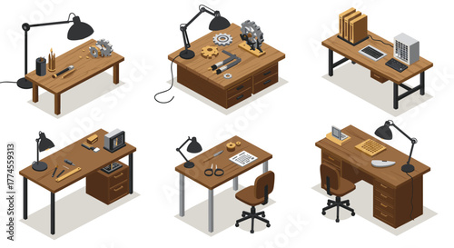 Isometric office desks with tools and gadgets for modern workspace design