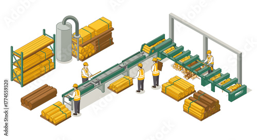 Isometric wood processing factory scene with workers and machinery
