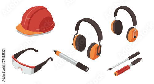 Construction safety equipment isometric icons featuring protective gear and tools
