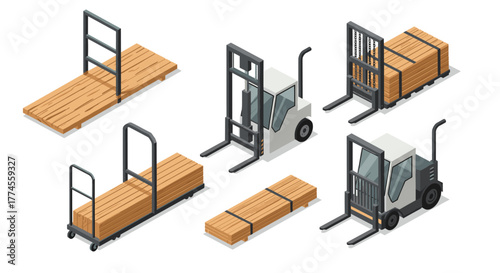 Isometric forklifts and lumber planks for warehouse and construction