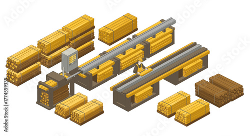 Isometric lumber yard with automated processing machinery and wooden logs