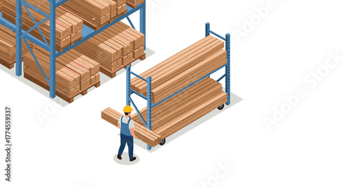Industrial worker handling lumber in warehouse storage facility