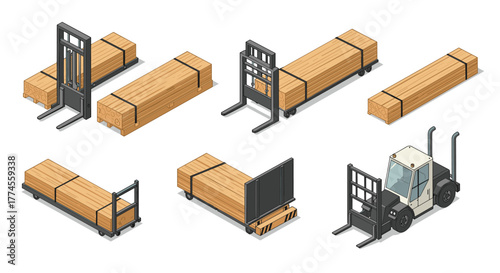 Isometric forklifts and cargo: logistics equipment on white background