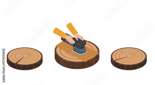 Isometric woodworking scene with electric sander and tree rings