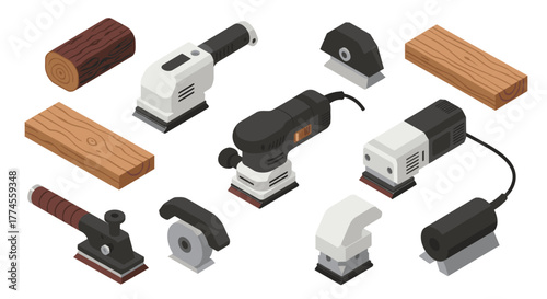 Isometric tools collection: electric sanders and wooden boards design elements
