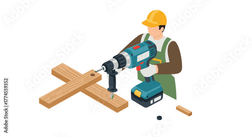 Isometric carpenter working with drill and wooden planks in workshop