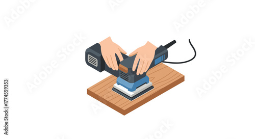 Carpenter using electric sander for woodworking project in workshop