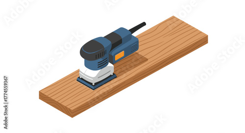 Electric sander on wooden plank isometric design concept