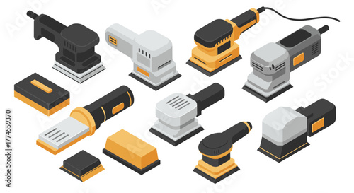 Modern isometric set of electric sanders in gray and yellow tones for workshop and diy projects