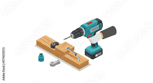 Isometric power drill with tools on wooden plank for carpentry and construction work