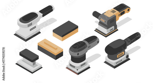 Modern isometric sanding tools set featuring orbital and sheet sanders
