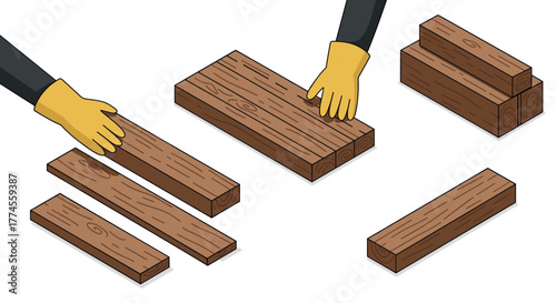 Hands arranging wooden planks in isometric style workshop scene